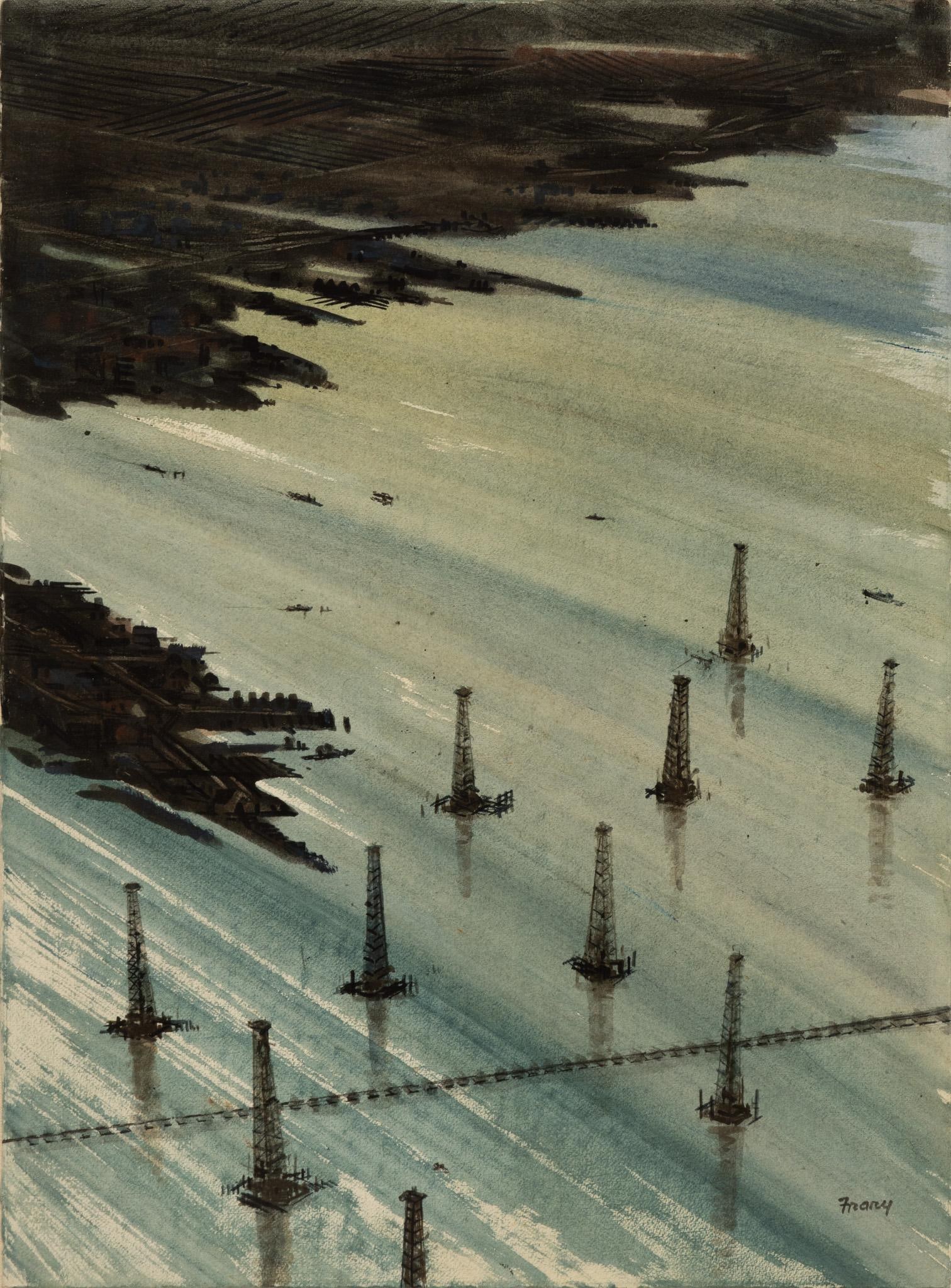 Michael Frary, Oil Wells in the Gulf: Michael Frary (Texas, 1918-2005), view of oil wells in the Gulf of Mexico, watercolor on artist paper sight: 30 x 22 in., frame: 36 x 28 in. Shipping available for this lot through our partner 4CL;