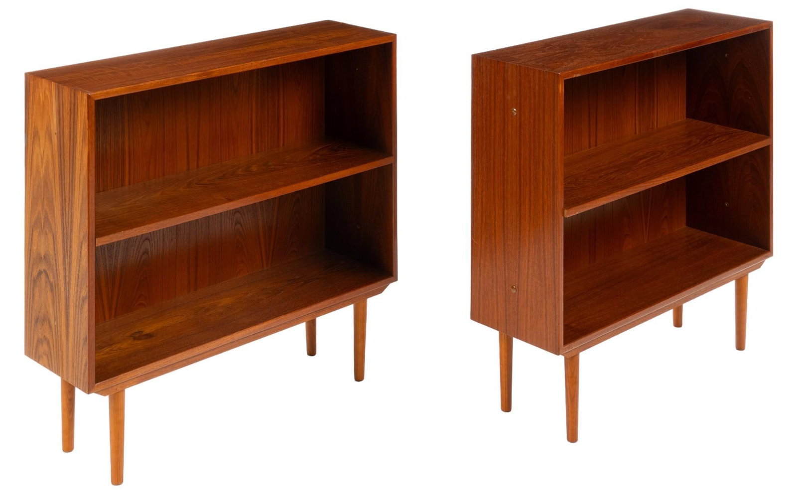 Pair of Horsens Mobelfabrik (Denmark) Mid-Century Bookshelves: Pair of Horsens Mobelfabrik (Denmark) mid-century bookshelves, to include two storage shelves each, supported by tapered pin-legs height 33 in.x width 34 in. x depth 10.5 in. / each Shipping available