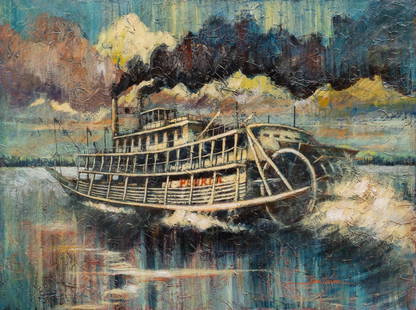 John Turner, "The City of Peoria": John Turner (20th C.), view of Illinois passenger sternwheeler steamer "Peoria" (built in 1913, its christening drew a crowd of 10,000 people; in service until sinking in 1918), oil on canvas
