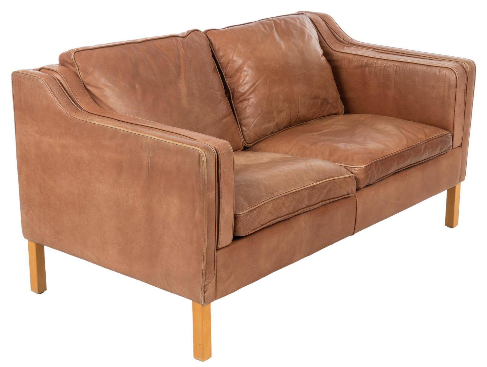 Danish Mid-Century Leather Love Seat: Danish mid-century leather love seat, on block legs height 32 in. x width 59 in. x depth 32 in. Shipping available for this lot through our partner 4CL; please request a shipping quote at shipping@