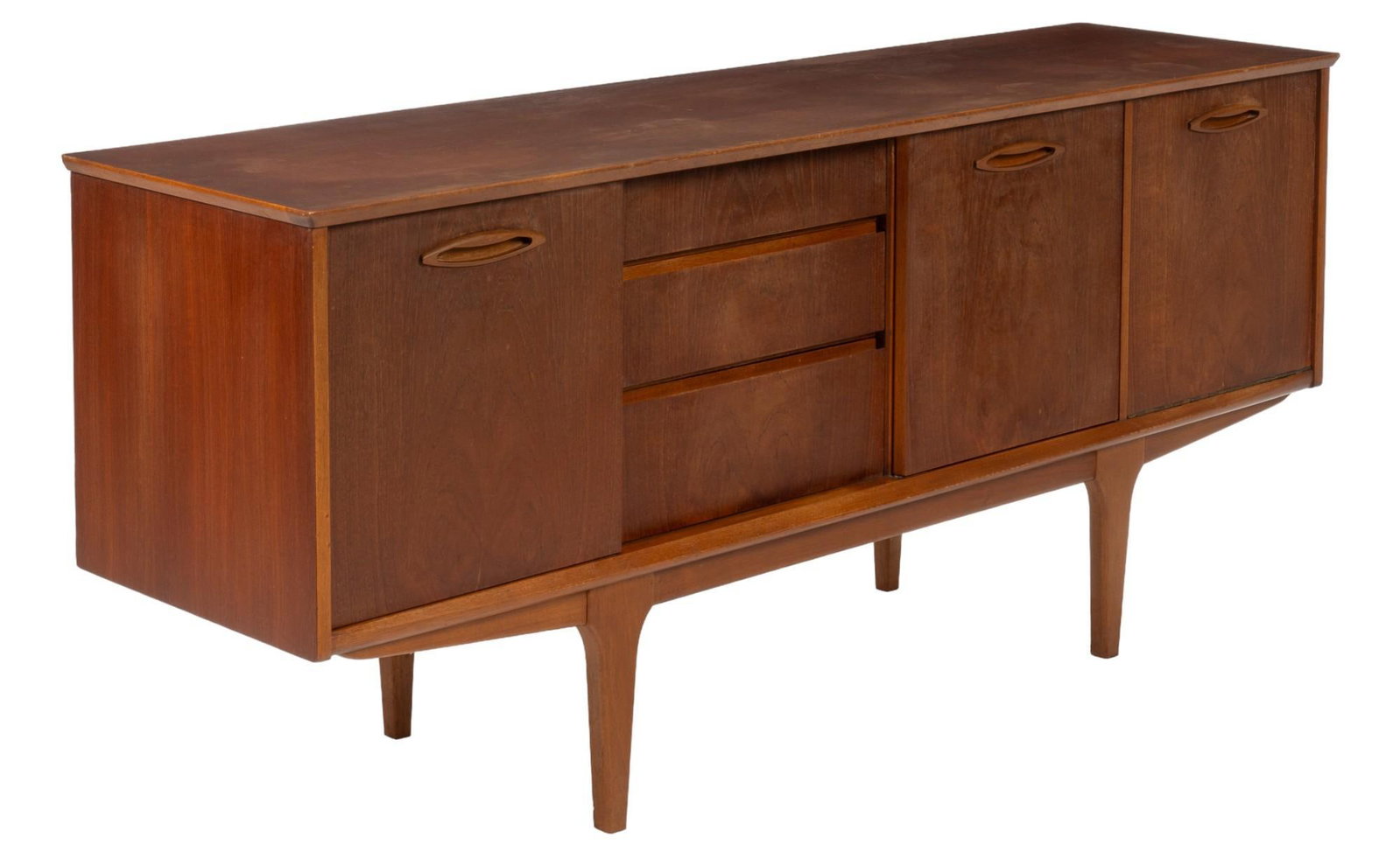 Mid-Century Sideboard: Mid-century sideboard featuring two sliding doors opening to two interior shelves, three drawers with integrated pulls, one hinged door storage cabinet height 29 in. x width 66 in. x 17.5 in. depth Sh