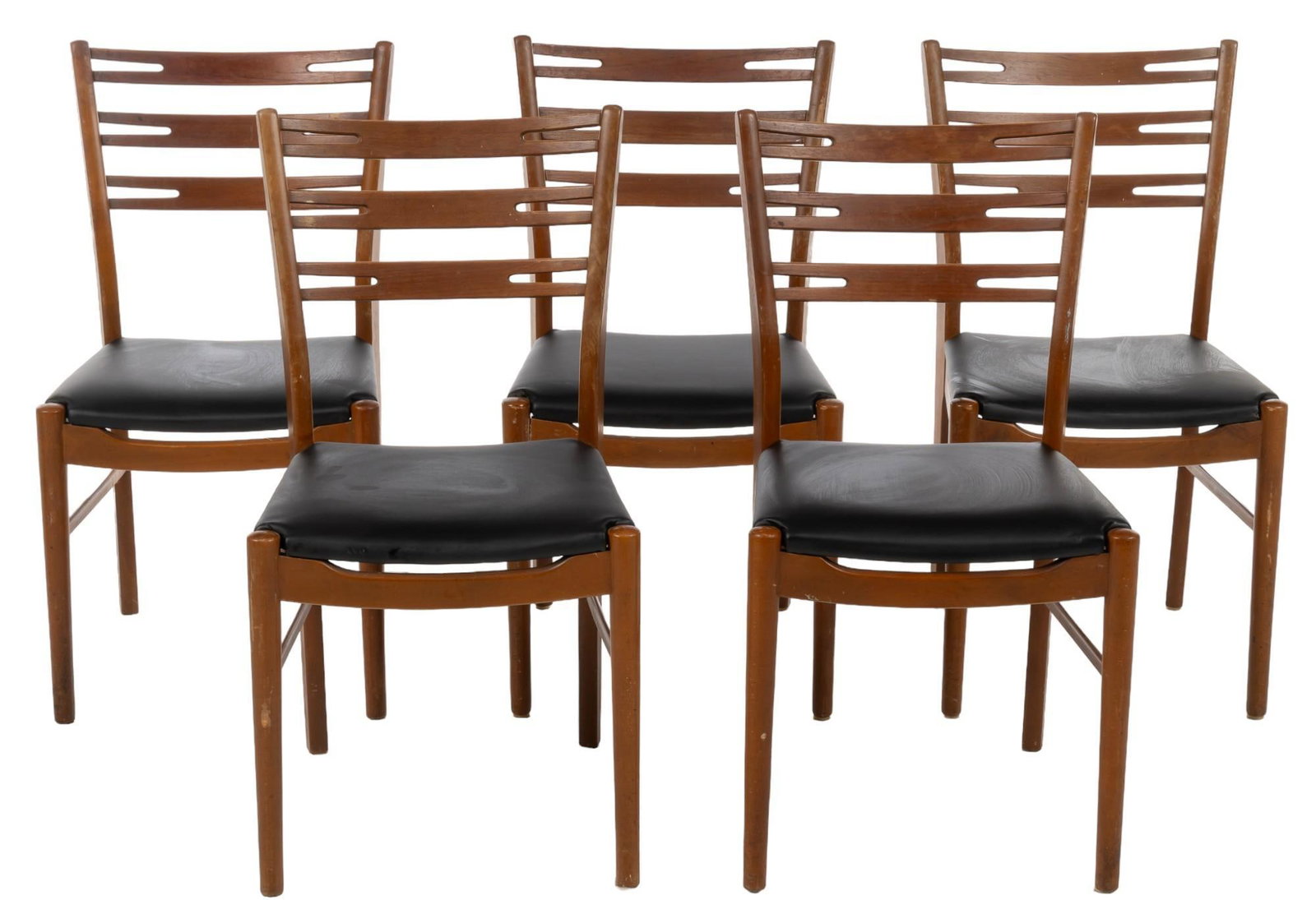 Set of (5) Danish Mid-Century Dining Chairs: Set of five Danish Mid-century dining chairs featuring black leather seat, slatted wood back, stretchered block legs height 34 in. x width 17 in. x depth 18.5 in. Shipping available for this lot throu