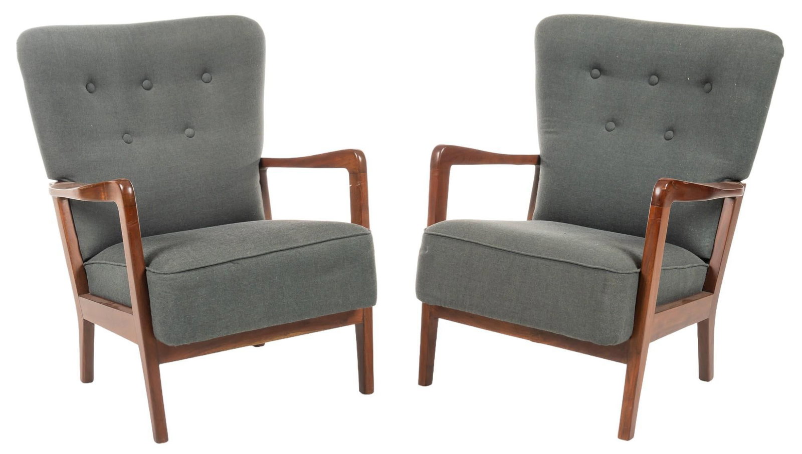 Pair of Eleanor Home (DNK) Lounge Chairs: Pair of Eleanor Home (Denmark) lounge chairs featuring gray upholstery with button details, wood arms and legs height 25 in. x width 29 in. x depth 32 in. Shipping available for this lot through our p