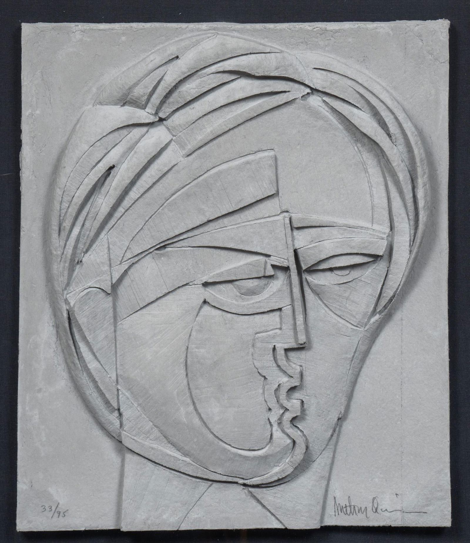 Anthony Quinn, "Beluchi Woman", 1986: Anthony Quinn (Mexico / Amer., 1915-2001), "Beluchi Woman", 1986, pressed paper relief, ed. 33/95 sight: 24.5 x 21 in., frame: 37 x 33.5 in. Shipping available for this lot through our partn
