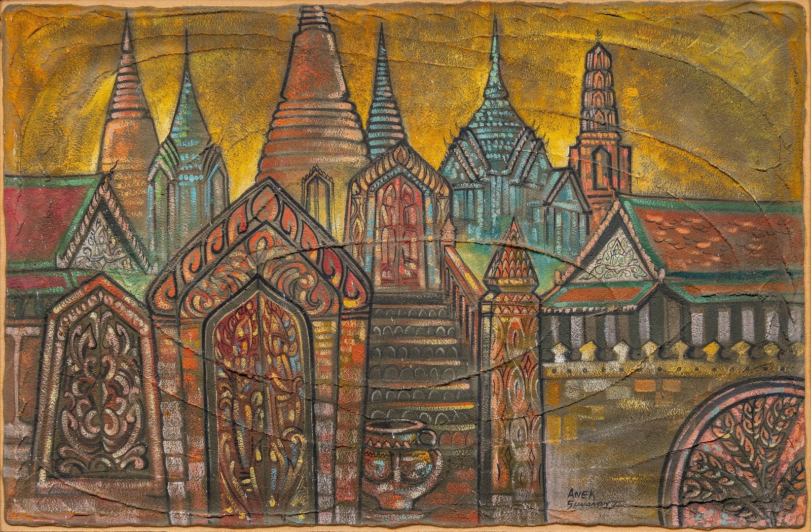 Anek Sunanont, Grand Palace Scene, ca. 1960s: Anek Sunanont (Thailand, 20th-21st C.), Grand Palace scene, ca. 1960s, mixed media on masonite board sight: 24 x 36 in., frame: 30 x 42 in. Shipping available for this lot through our partner 4CL; p