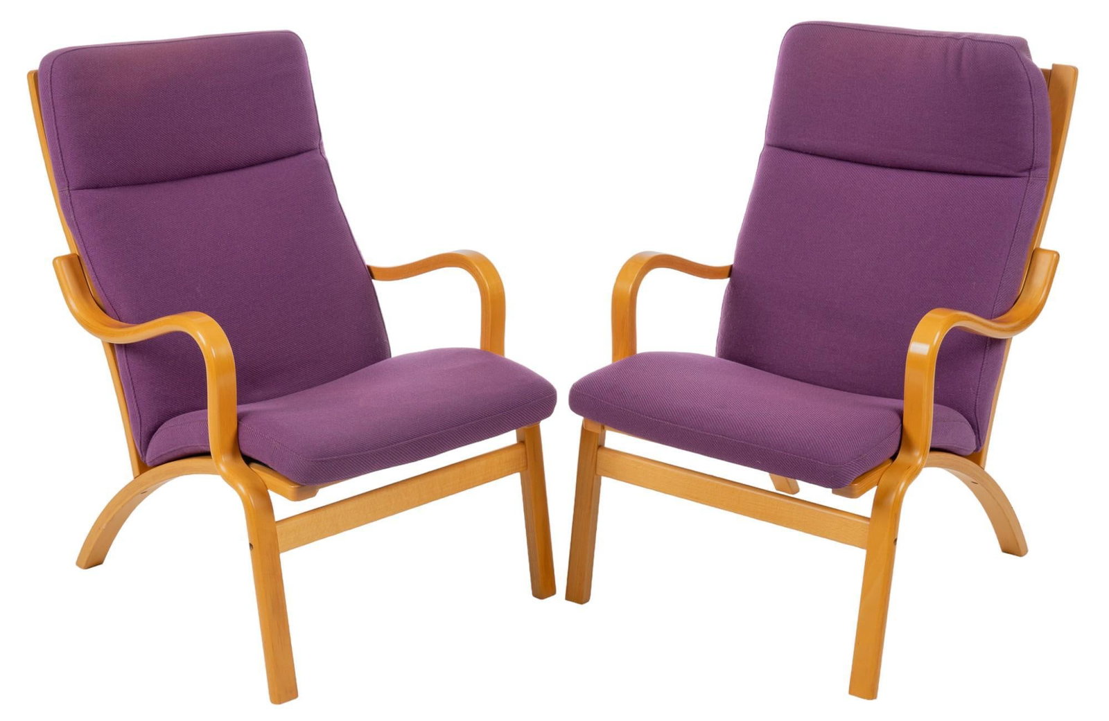Pair of Danish Mid-Century Armchairs: Pair of Danish mid-century chairs with purple upholstery and bentwood frames, by Stouby height 40 in. x width 25 in. x depth 31 in. Shipping available for this lot through our partner 4CL; please requ