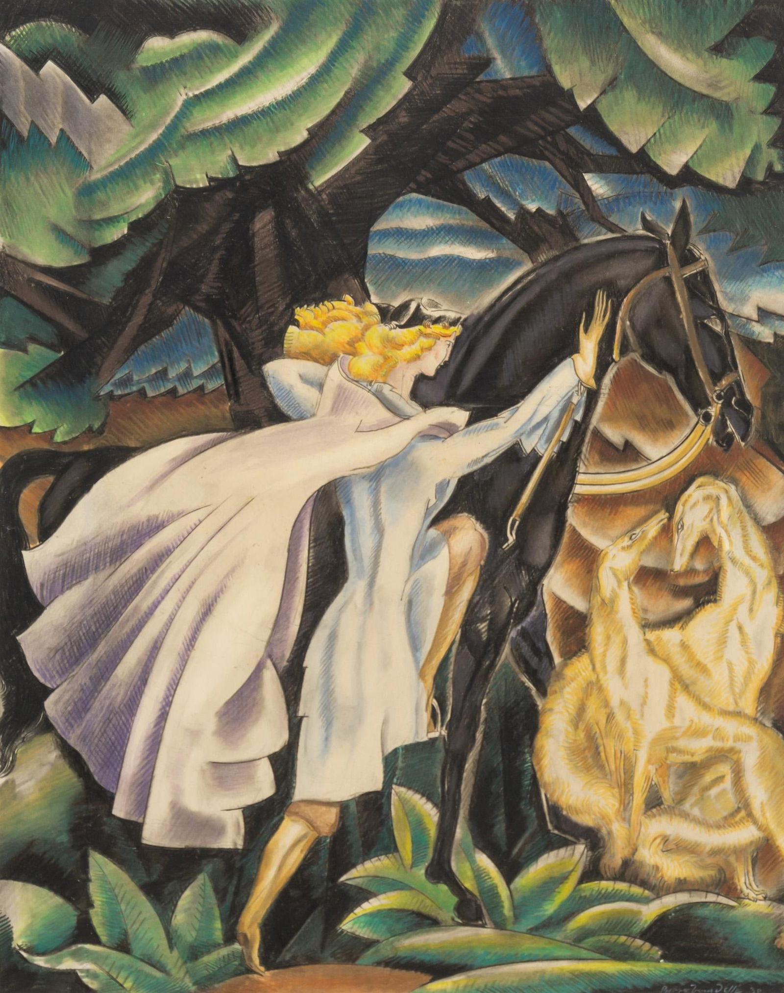 Pierre Bourdelle, Untitled Hunt Scene, 1930: Pierre van Parys Bourdelle (Am. / France, 1903-1966), untitled Art Deco hunting scene with knight and greyhounds, 1930, colored pencil on paper sight: 16 x 12 in., frame: 23 x 20 in. Shipping availa