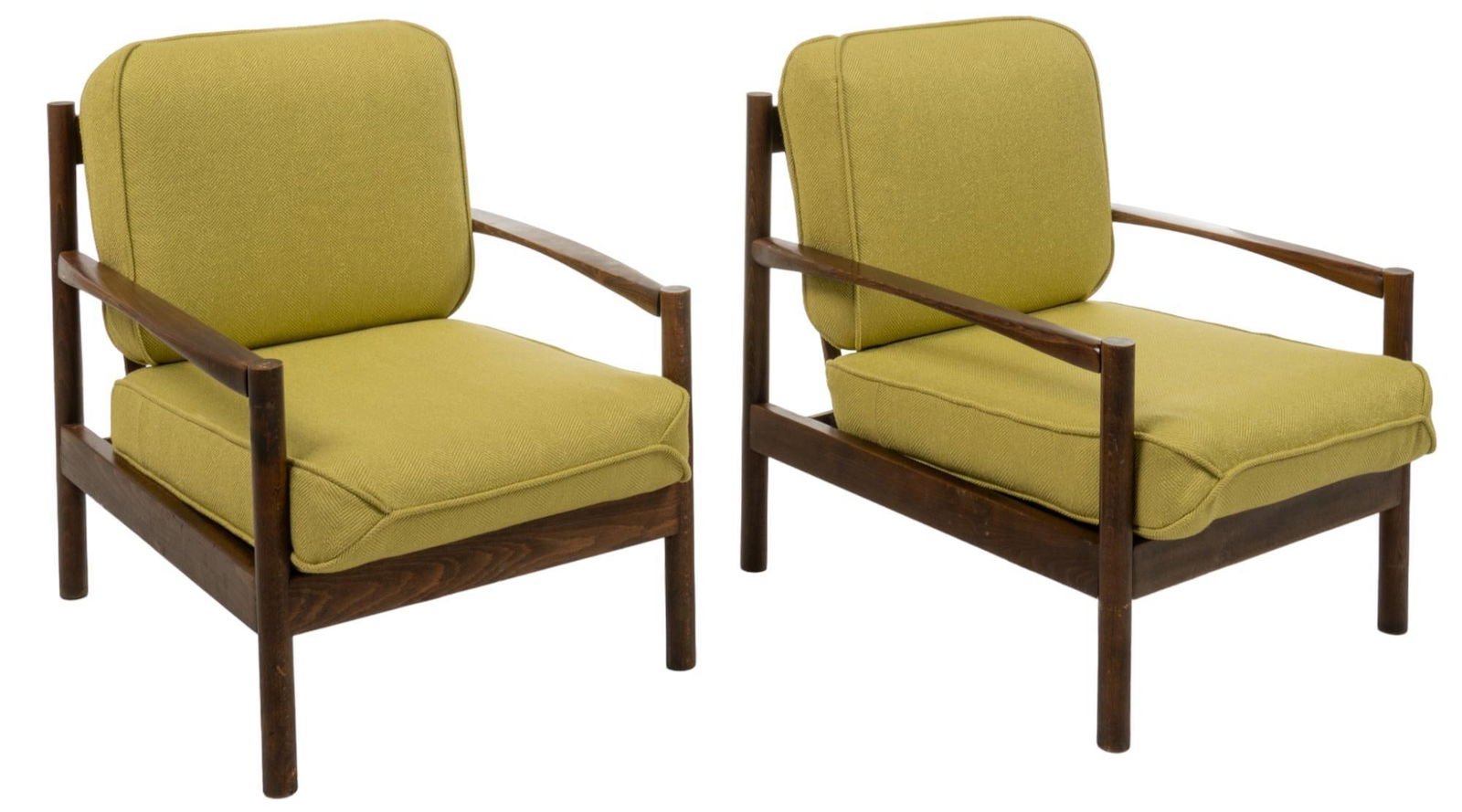 Pair of Mid-Century Chairs: Pair of mid-century chairs, with original wooden frames, and newly applied green fabric upholstery, supported on cylindrical legs height 31 in. x width 25.5 in. x depth 32 in. Provenance: Property