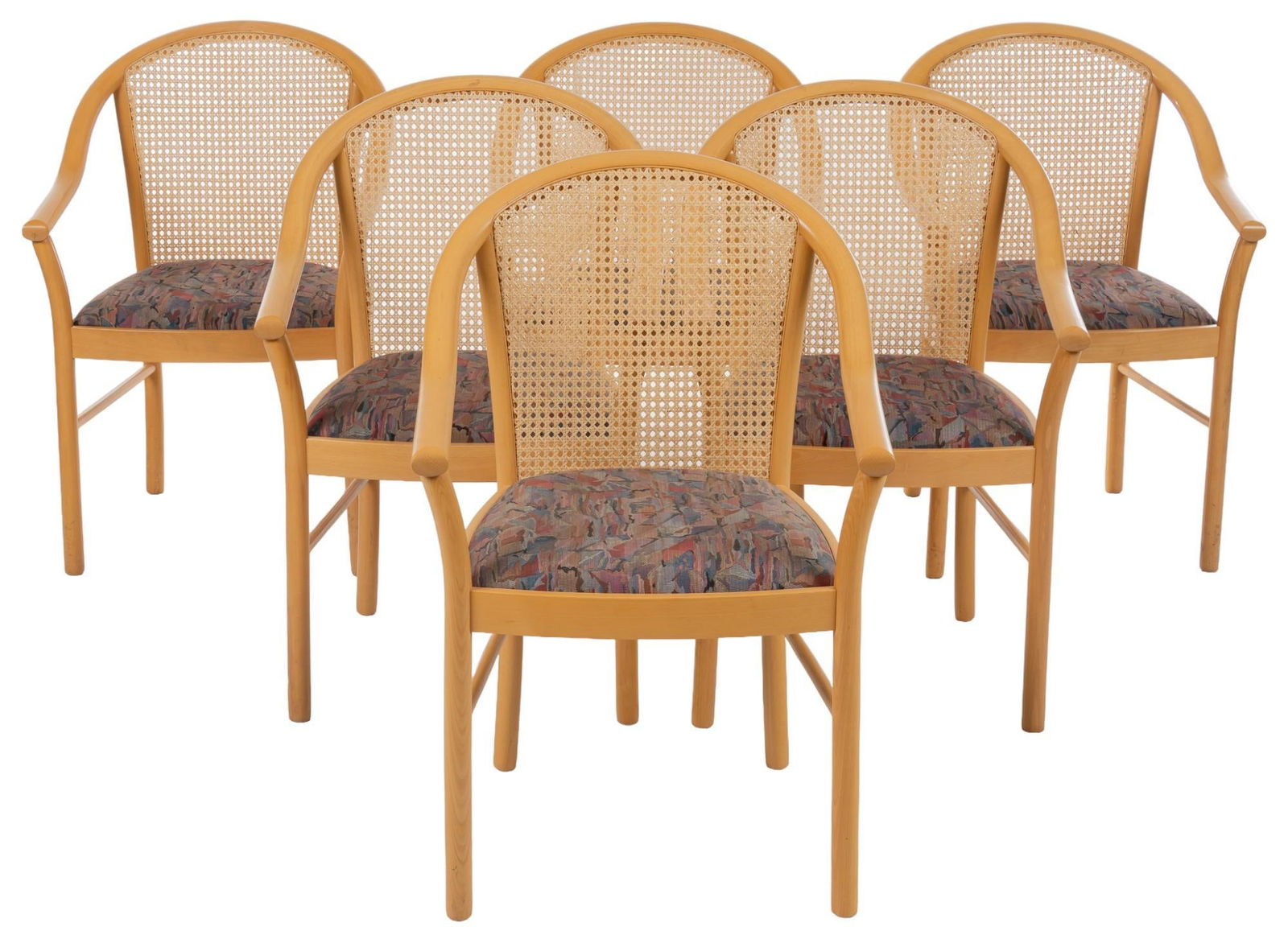 Set of (6) Danish Mid-Century Cane Chairs: Collection of six Danish mid-century chairs with cane back, sloping armrests, and cushioned seat clad in colorful fabric upholstery, supported on cylindrical wooden legs height 34 in. x width 23 in.
