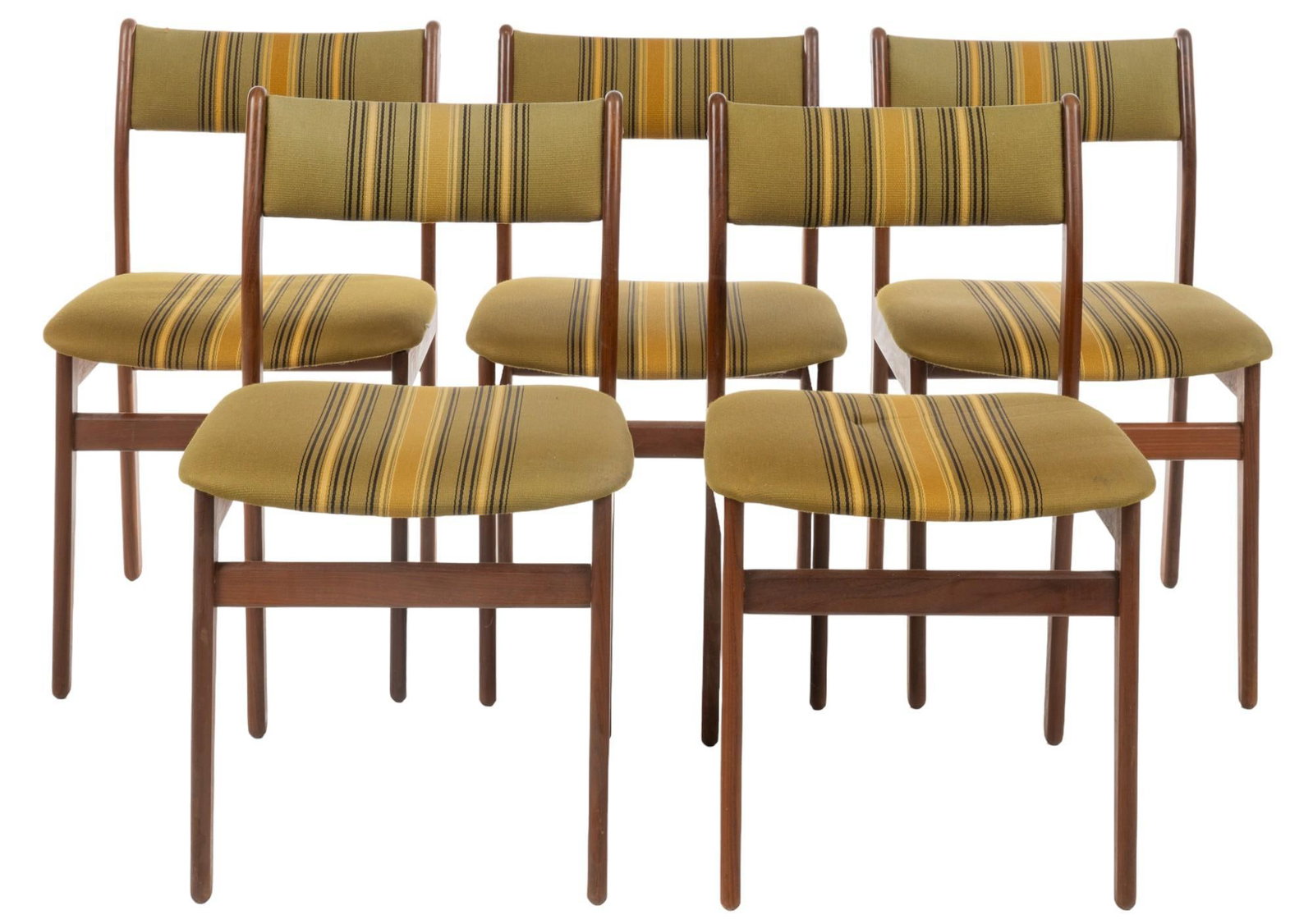 Collection of (5) Danish Mid-Century Dining Chairs: Collection of five Danish mid-century dining chairs, featuring green striped upholstery supported on wooden pin legs height 31.5 in. x width 19 in. x depth 18 in. / each Shipping available for this lo