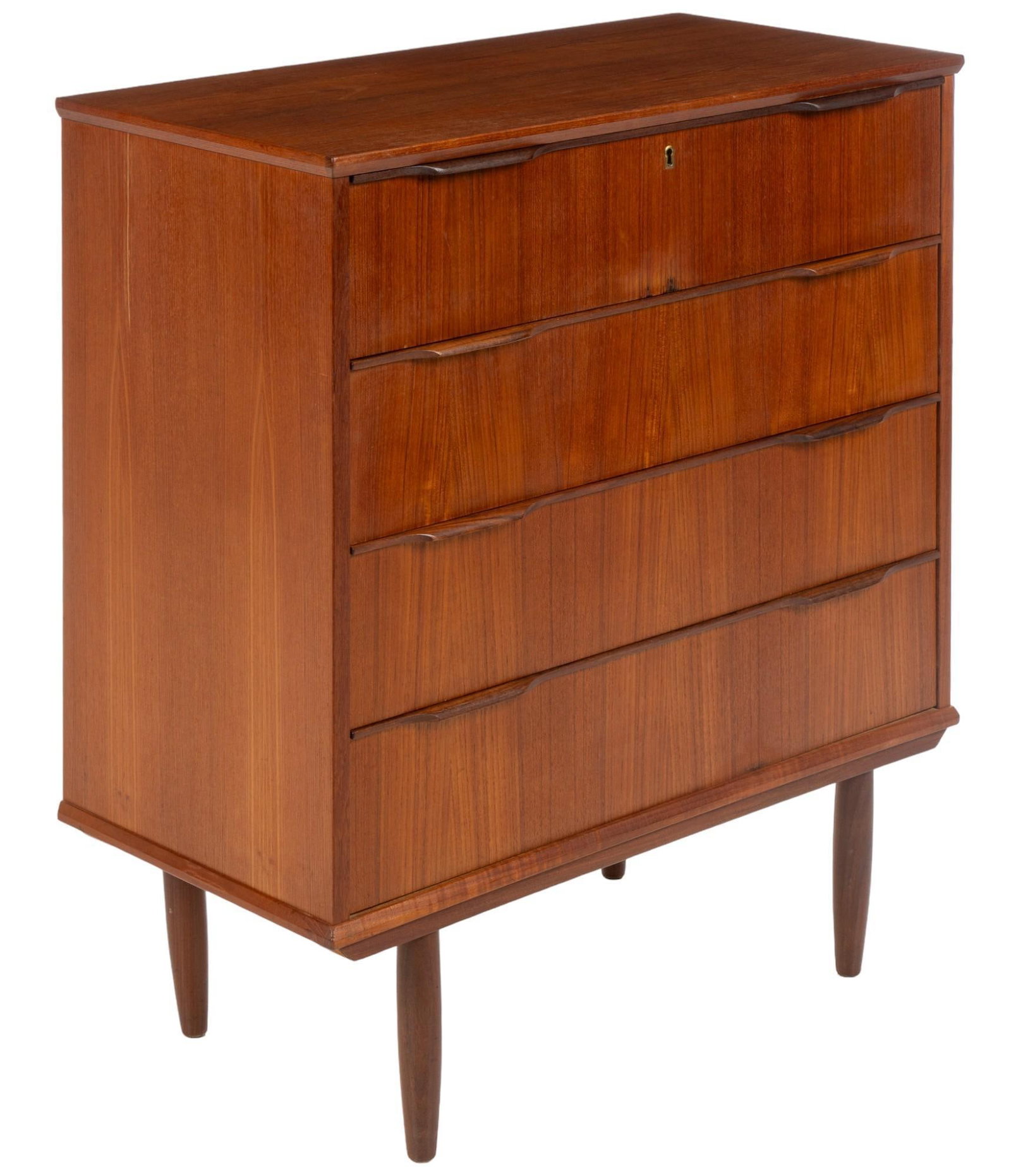 Danish Mid-Century Dresser: Danish mid-century dresser with four stacked drawers lined with green felt, with wooden bar pulls, and dovetail joinery, supported on pin legs height 37.5 in. x width 33.5 in. x depth 16.5 in. Shippin