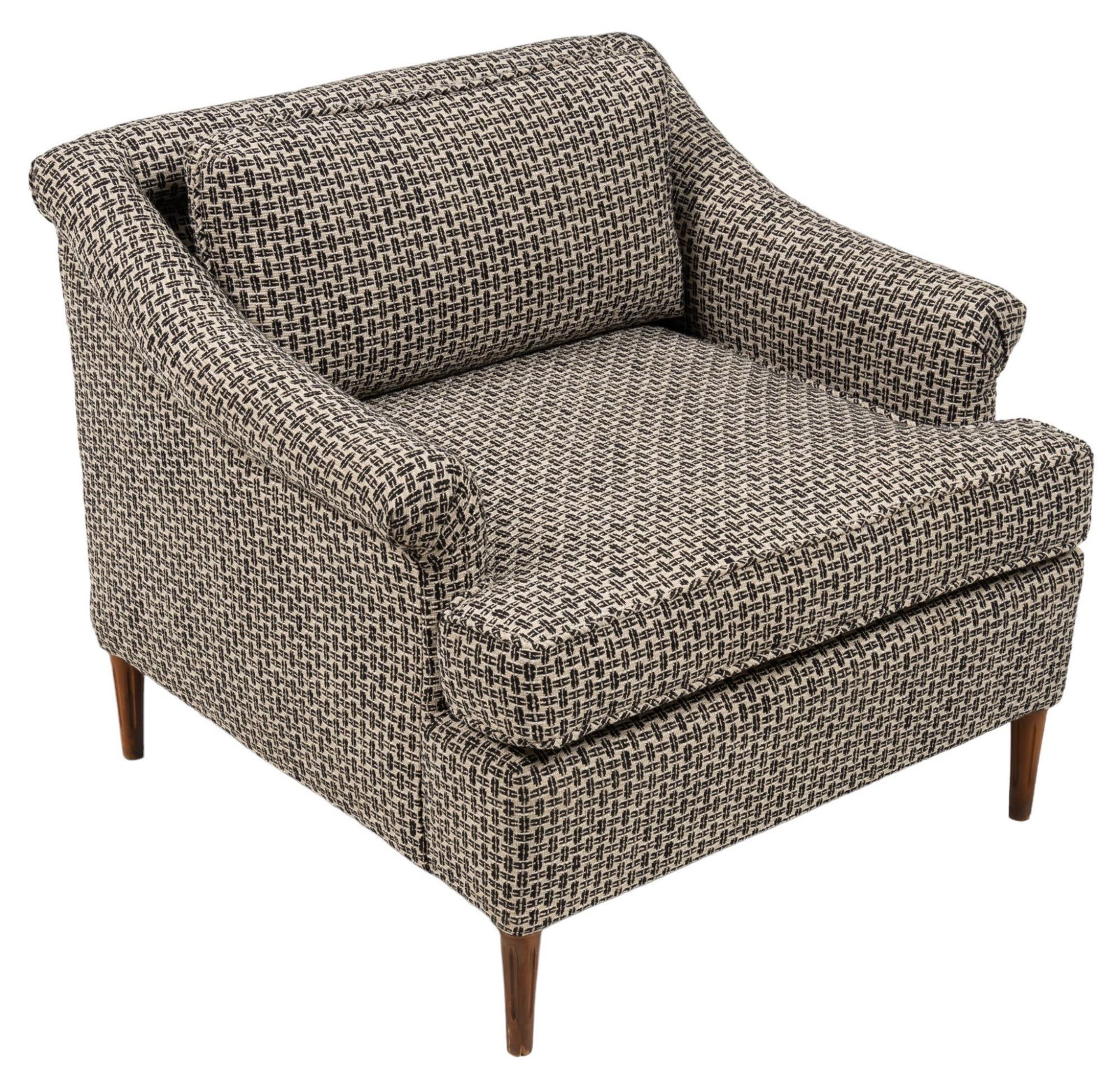 Mid-Century Style Arm Chair: Mid-century style arm chair, with thick cushioned seat and pillow, newly replaced upholstery, supported on wooden pin legs height 28 in. x width 32 in. x depth 32 in. Provenance: Property from the hom