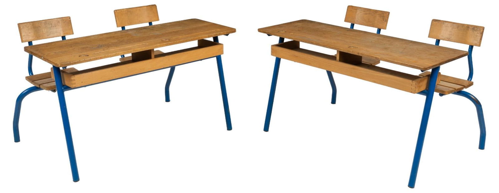 Pair of Dual Seat School Desks: Pair of dual seat children's school desks featuring wooden desk tops, and seats, on metal legs height 30 in. x width 47 in. x depth 32 in. Shipping available for this lot through our partner 4