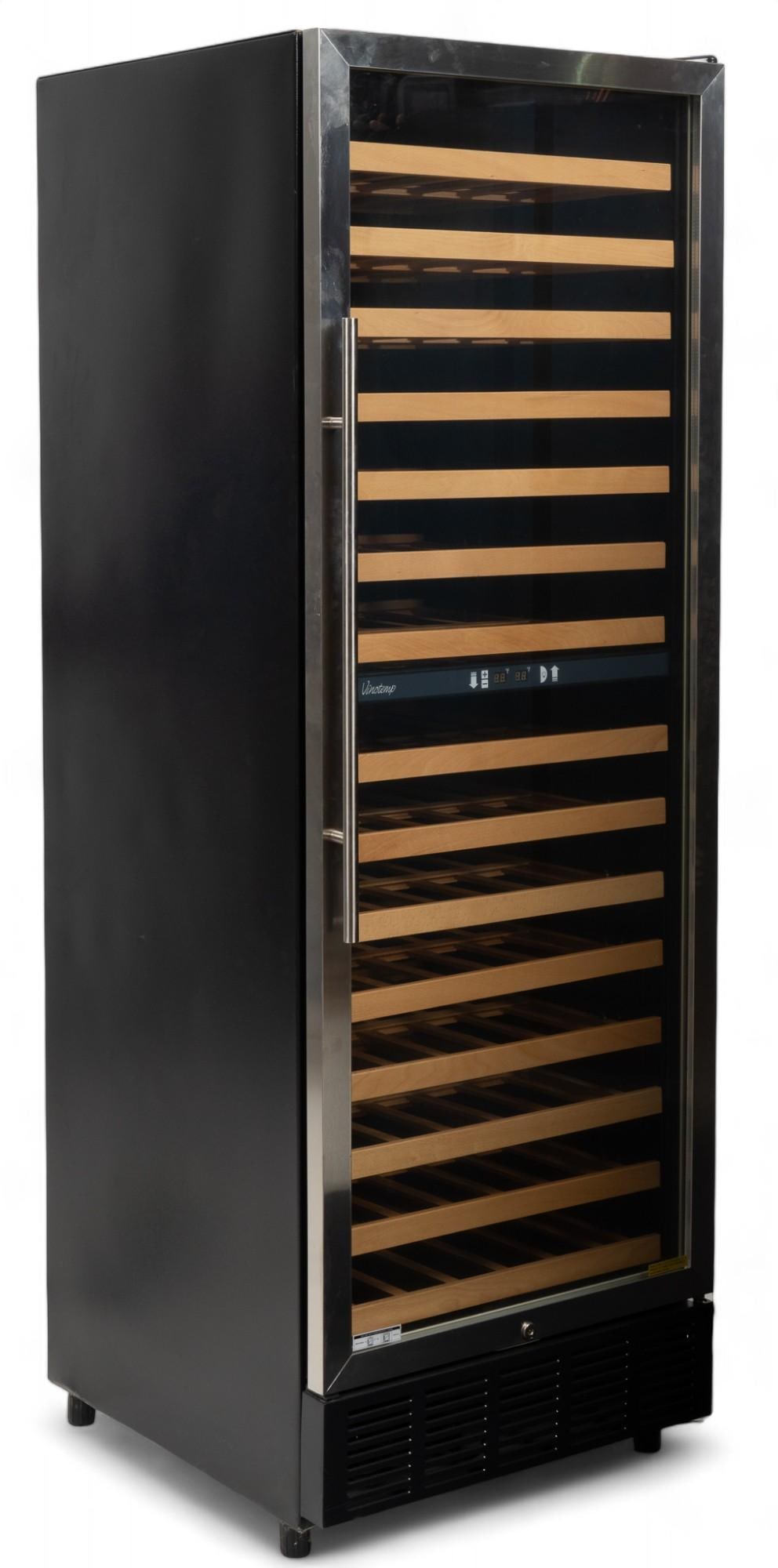Vinotemp VT-188 Wine Cellar: Vinotemp VT-188 freestanding wine cellar, featuring digital display with two temperature LEDs, locking glass door with stainless steel trim, fifteen sliding wooden racks, interior light height 75.5 in