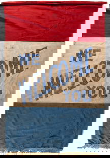 World War II Soldiers Welcome Banner: World War II solders welcome banner, reads "We Welcome You" length 55.5 in. x width 35 in. Provenance: Property from the collection of a San Antonio, Texas gentleman Shipping
