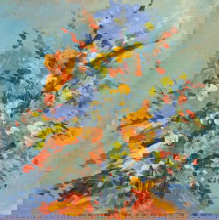 Brother Cletus Behlmann, Floral Arrangement: Brother Cletus Behlmann (San Antonio, Texas, 1933-2016), floral arrangement, oil on canvas stapled to wooden panel sight: 16 x 15 in., frame: 18 x 17 in. Shipping available for this lot through