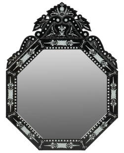 Venetian Wall Mirror: Venetian wall mirror featuring crest of shaped and beveled black glass plates with frosted floral motifs over octagonal plate height 40 in. x width 30 in. x depth 1 in. Provenance: Property