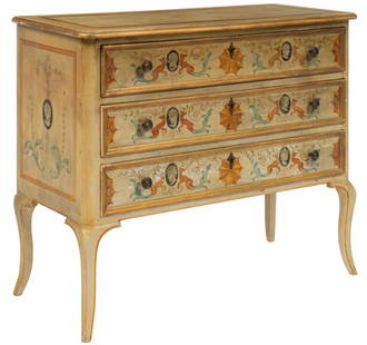 Italian Chest of Drawers: Italian chest of drawers of three drawers featuring painted scrolling motifs, and metal pulls, supported on saber legs height 38 in. x width 46 in. x depth 19 in. Shipping available for this