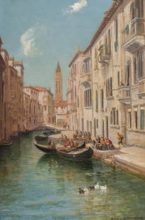 Gordon Arthur Meadows, "Canal Scene, Venice": Gordon Arthur Meadows (England, 1866-1937), "Canal Scene, Venice", oil on canvas sight: 18 x 12 in., frame: 26.5 x 20.5 in. Shipping available for this lot through our partner 4CL;