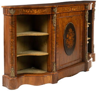 Napoleon III Style Sideboard: Napoleon III style sideboard featuring shaped serpentine top above marquetry details depicting blooming florals, above central door with oval floral marquetry inlaid rosewood panel, flanked by
