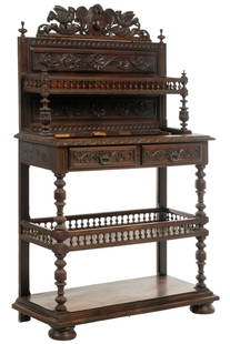 Henri II Server: Henri II style server, oak, with relief carving throughout, 2 drawers above 2 shelves, circa 19th century height 73.5 in. x width 46.5 in. x depth 17.5 in. Condition: missing surface above