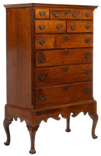 Chippendale Style Dresser: Chippendale style dresser, featuring five small and mid-sized drawers above four full width drawers of graduating sizes, over carved apron, on cabriole legs height 68 in. x width 44 in. x depth