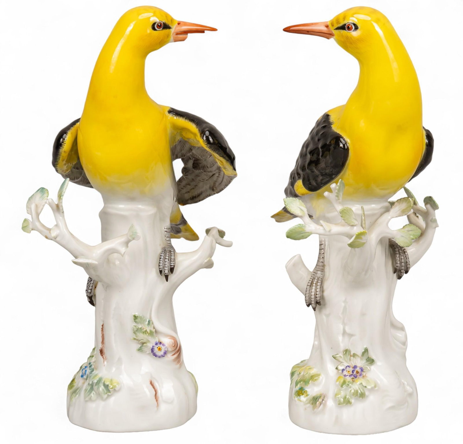 Pair of Meissen Golden Orioles: Pair of Meissen Golden Orioles, marked on base height 10.25 in. x width. 6.5 in. x depth 4 in. Condition: One bird with chip on beak and chest Provenance: Property from the home of a San Antonio, Texa