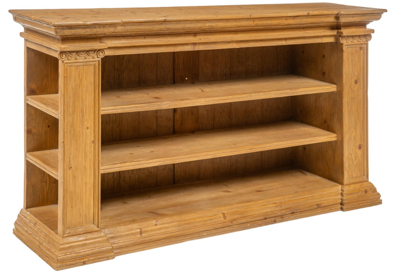 Arhaus Furniture (Austin, Texas) Open Bookcase: Arhaus Furniture (Austin, Texas) open bookcase featuring wooden frame with main facade having pair of full width shelves, flanked by pilaster carvings, with each side featuring additional pair of open