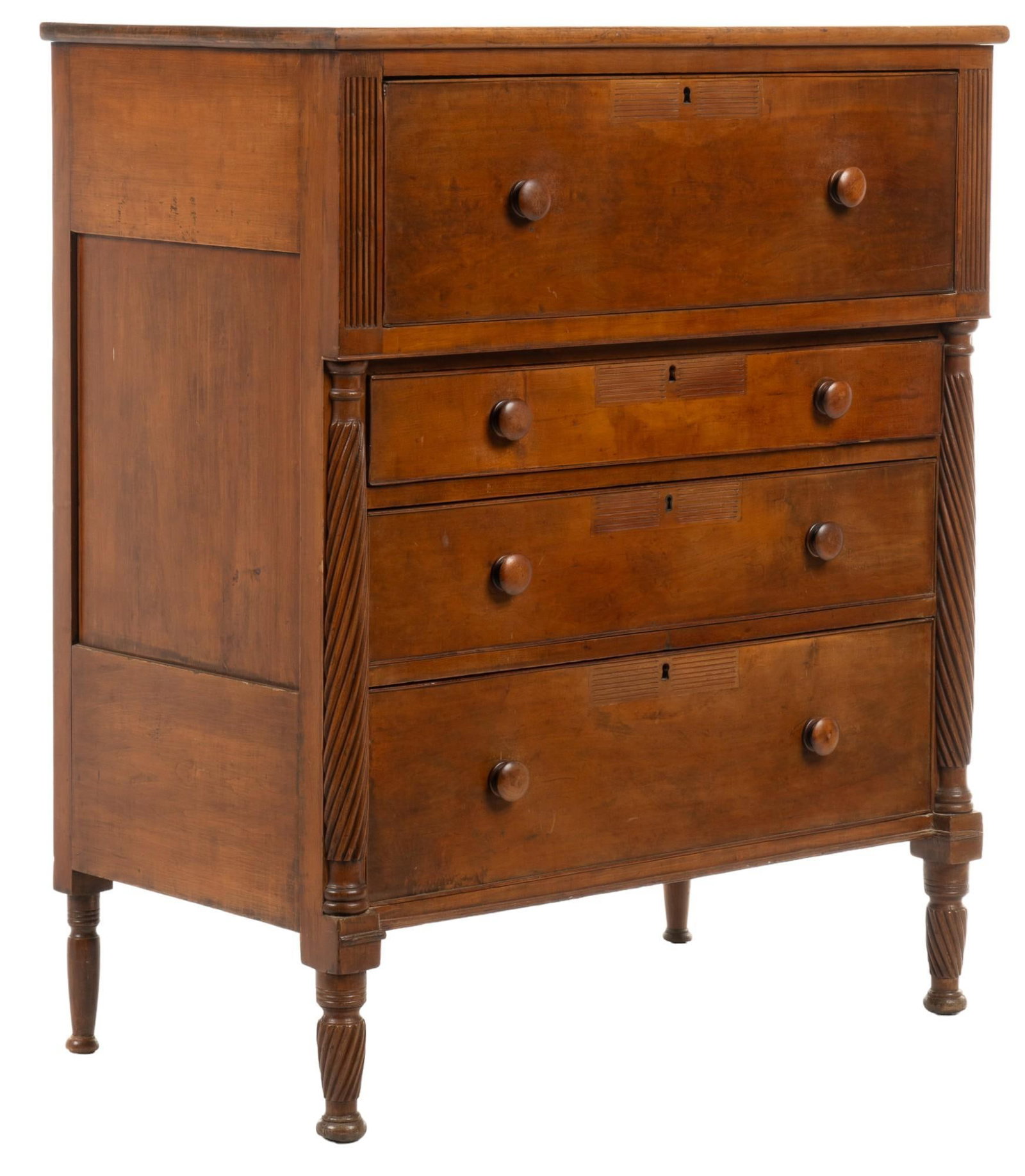 American Federal Chest of Drawers: American Federal style chest of drawers featuring large top frieze drawer with wooden pulls over set of three stacked graduating drawers, flanked by carved pilasters, supported on turned legs height 5