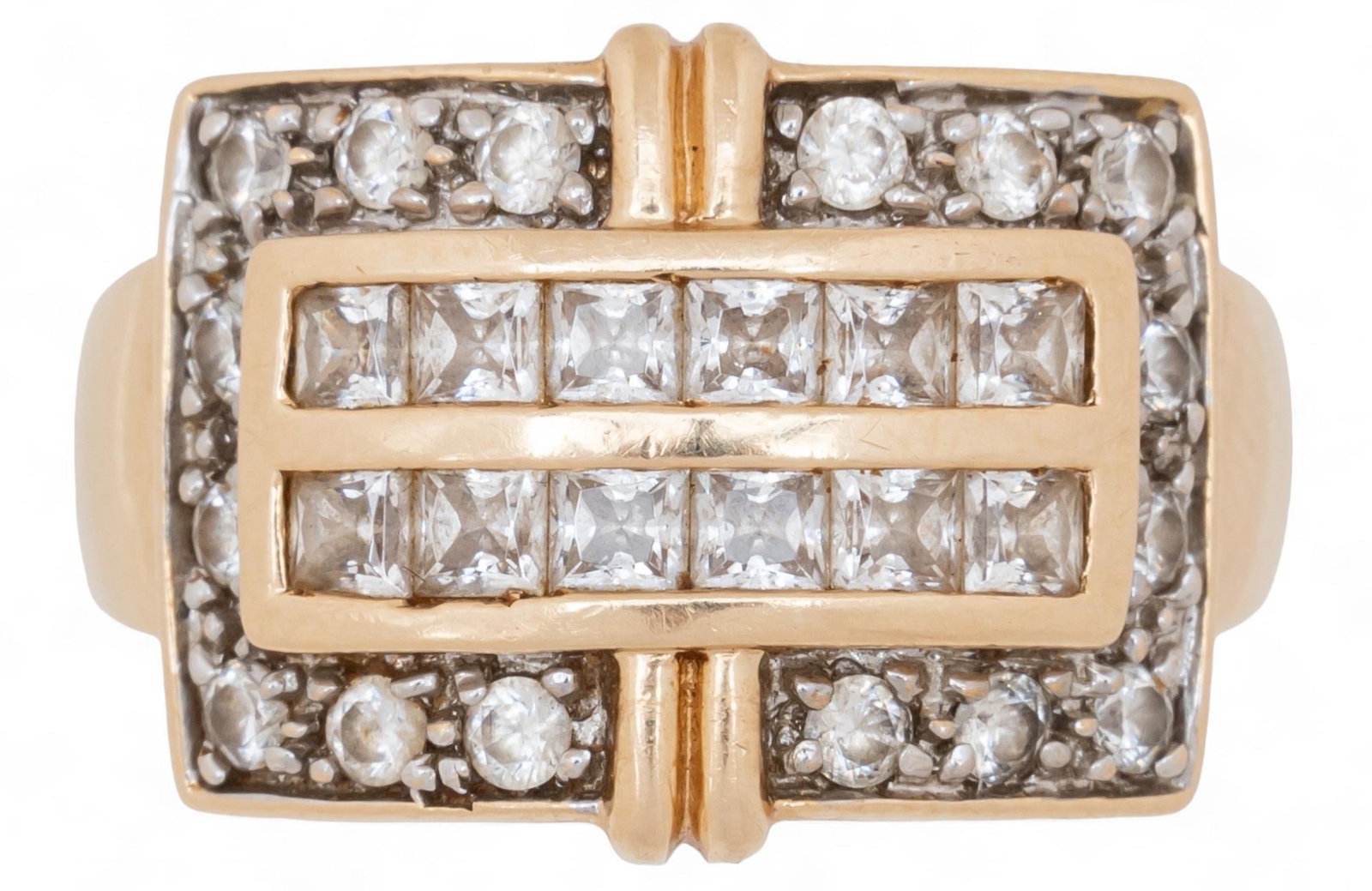 14K Diamond Ring: 14K diamond ring featuring central geometric array of diamonds with pave diamond border (approx. 2 ctw), size 9, marked "14K MEDA" Total weight: 10.7 g *All diamond or stone details including 