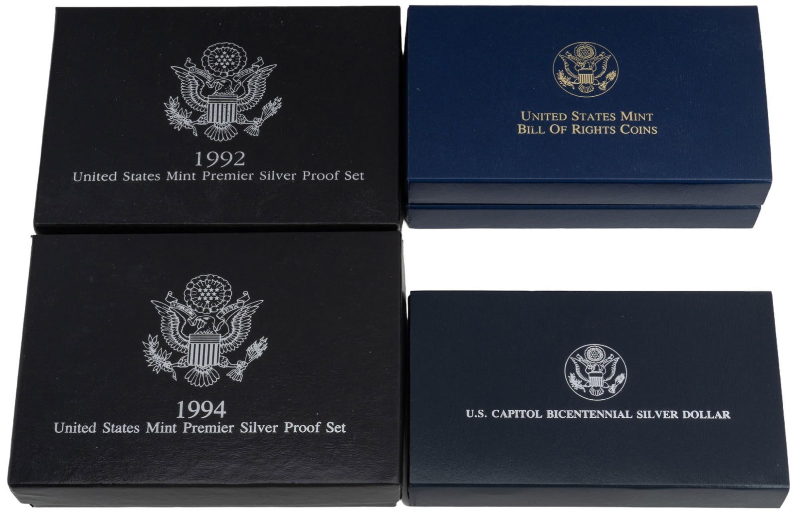 Set of (5) Gold and Silver U.S Coin Proof Sets: Set of five gold and silver U.S. coin proof sets includes two United States Mint Bill of rights coins with two silver half, two silver dollars, two gold five dollar coins, 1994 premier silver proof se