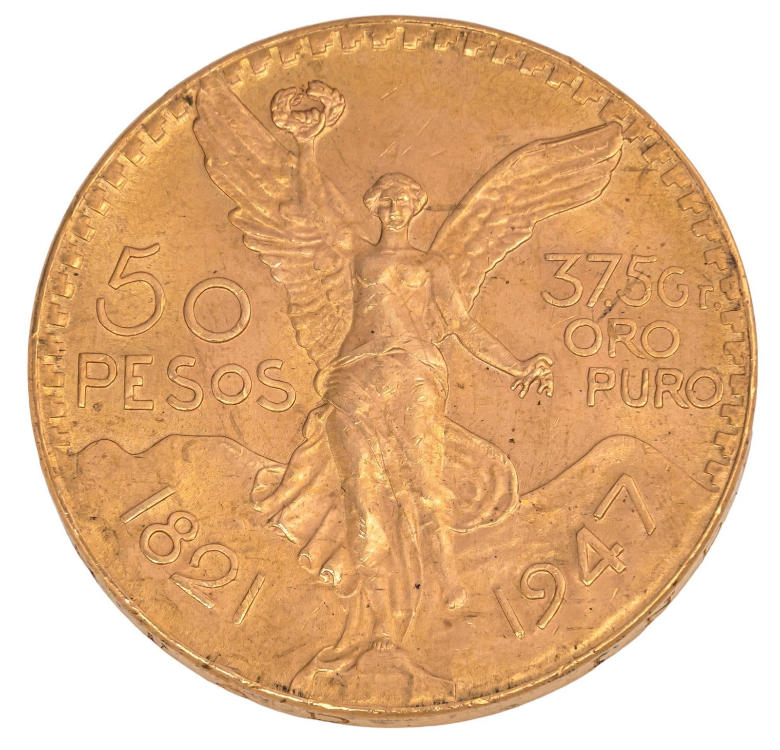 1947 Mexican Gold 50 Peso: 1947 Mexican $50 peso gold coin Total weight: 41.7 g Shipping available for this lot through our partner 4CL; please request a shipping quote at shipping@vogtauction.com or 210-971-5750. You may a