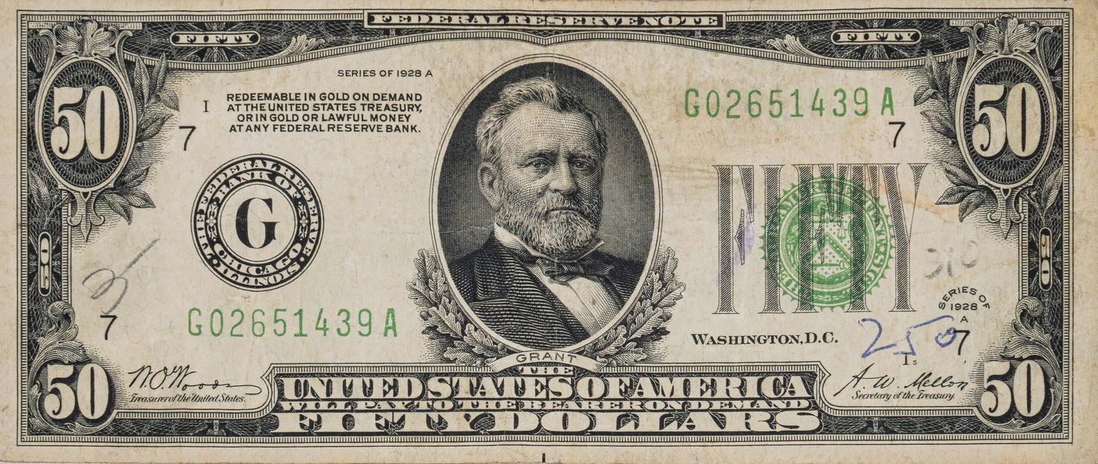 $50 Federal Reserve Note: $50 federal reserve not, series of 1928 Shipping available for this lot through our partner 4CL; please request a shipping quote at shipping@vogtauction.com or 210-971-5750. You may also opt for a