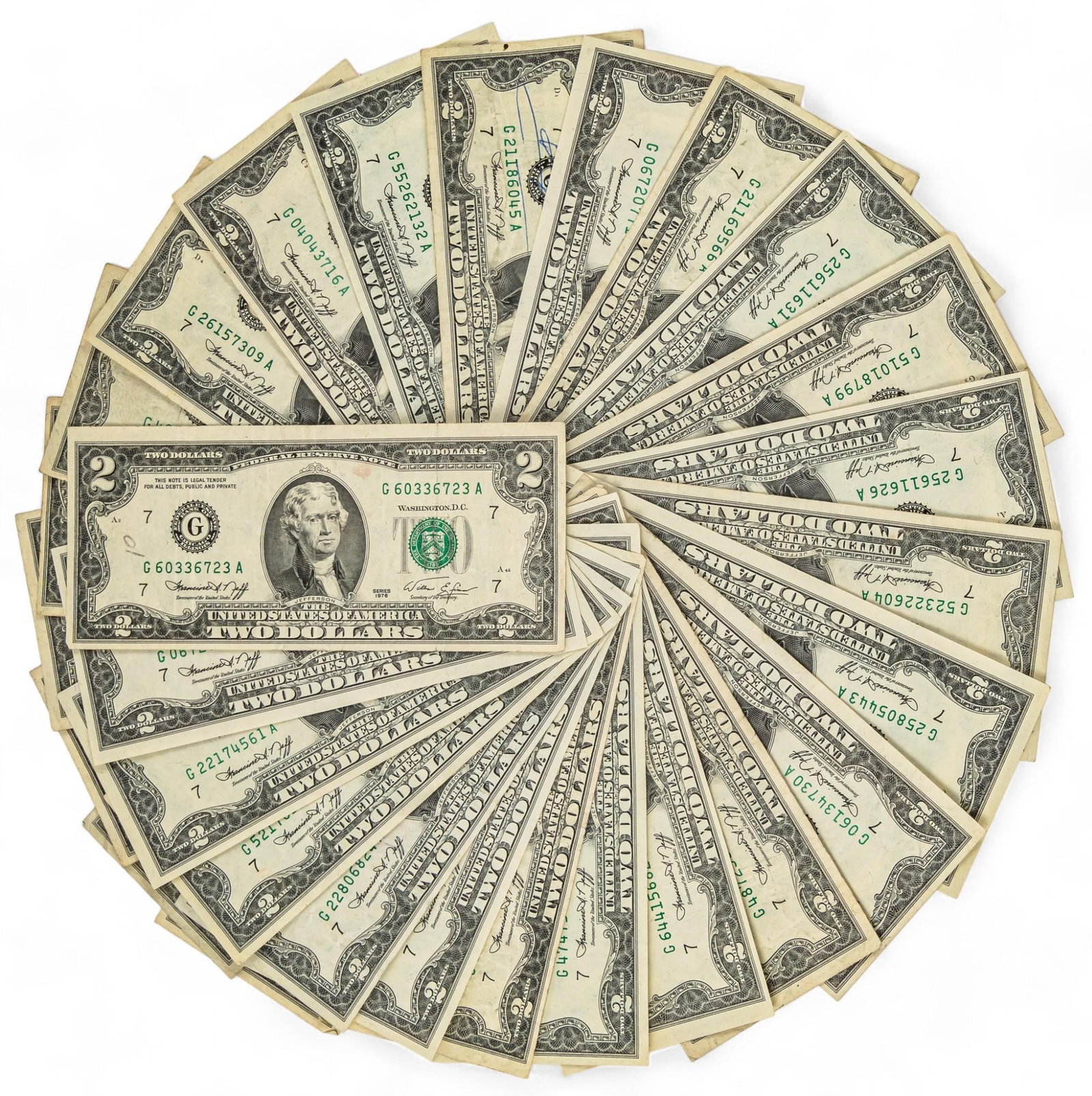 Set of (28) $2 Bills: Set of twenty eight $2 bills Shipping available for this lot through our partner 4CL; please request a shipping quote at shipping@vogtauction.com or 210-971-5750. You may also opt for a shipper of