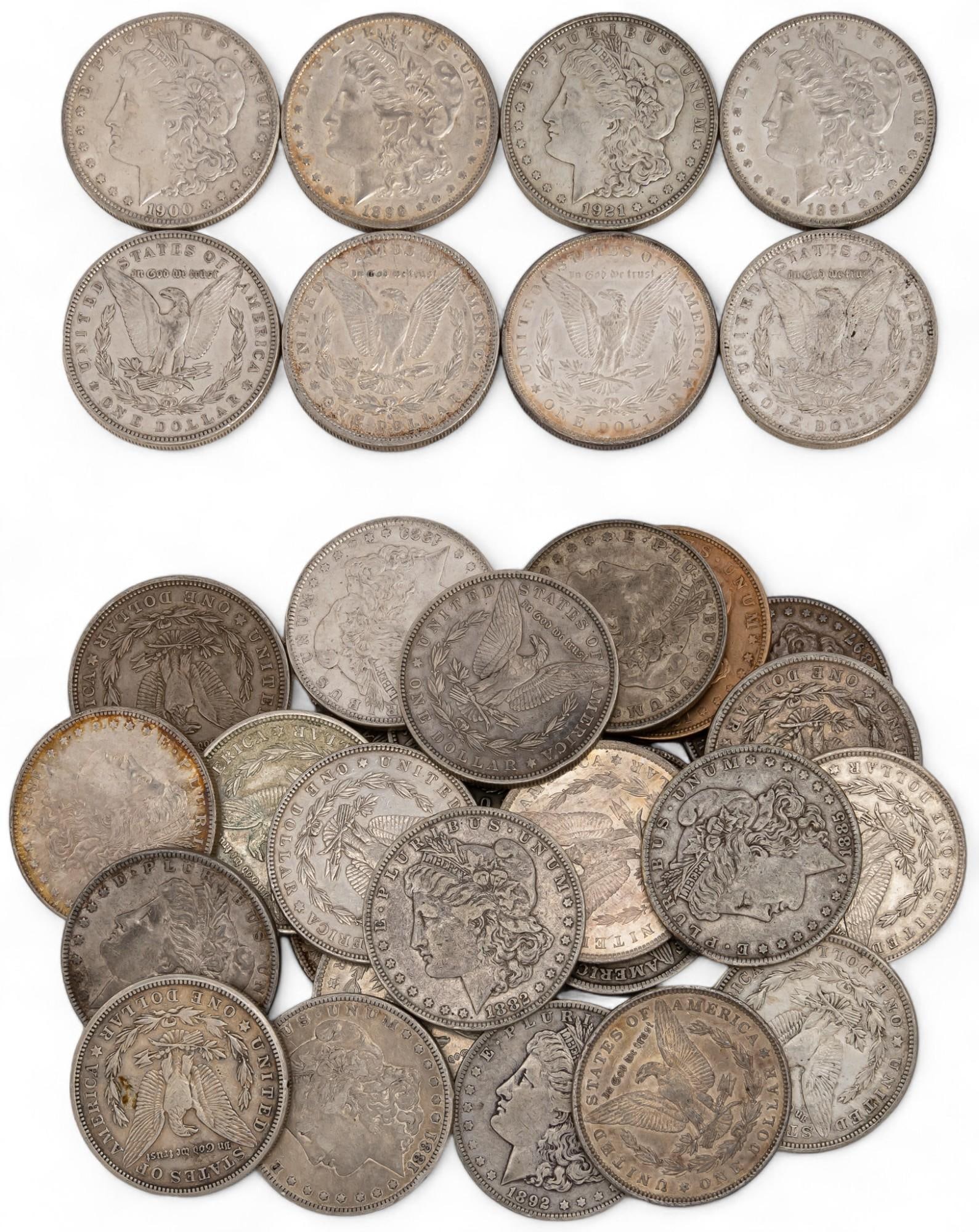 Set of (35) Morgan Silver Dollars: Set of (35) silver dollars Provenance: Property from the home of a San Antonio, Texas gentleman Shipping available for this lot through our partner 4CL; please request a shipping quote at shipping@