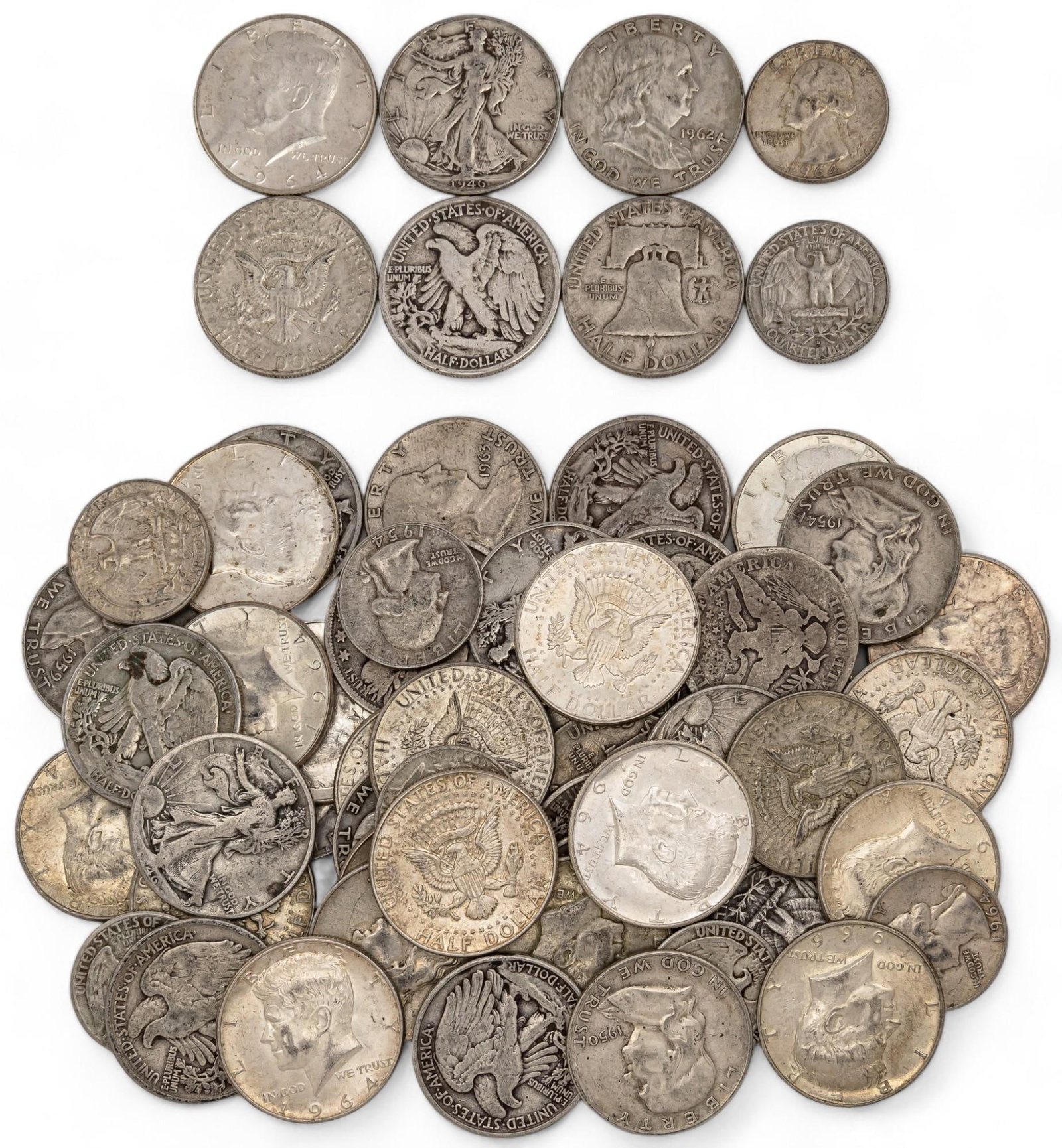 Set of (50) Silver Half Dollars: Set of fifty half dollars Total weight: 21.53 ozt Provenance: Property from the home of a San Antonio, Texas gentleman Shipping available for this lot through our partner 4CL; please request a shippin