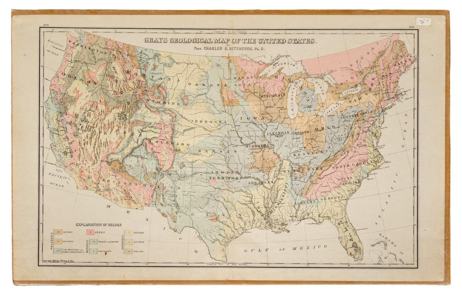 1882 Geological Map of the United States: 1882 geological map of the United States by Professor Charles H. Hitchcock. Ph. D. with legend describing paleozoic, eozoic, mesozoic, and genozoic areas, resting against cardboard backing, sealed in 