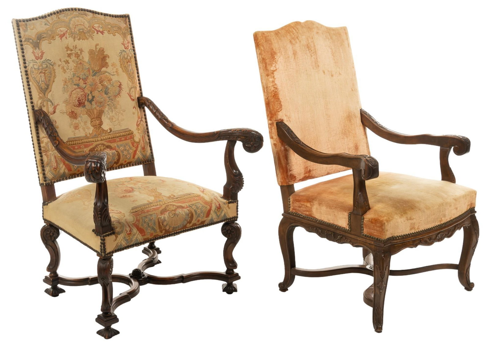 Pair of Louis XIV Style Chairs: Pair of Louis XIV style chairs, both featuring metal rivet trim, one with needlepoint floral upholstery depicting a vase and floral arrangement, one with pillow height 46 in. x width 33 in. x depth 3 