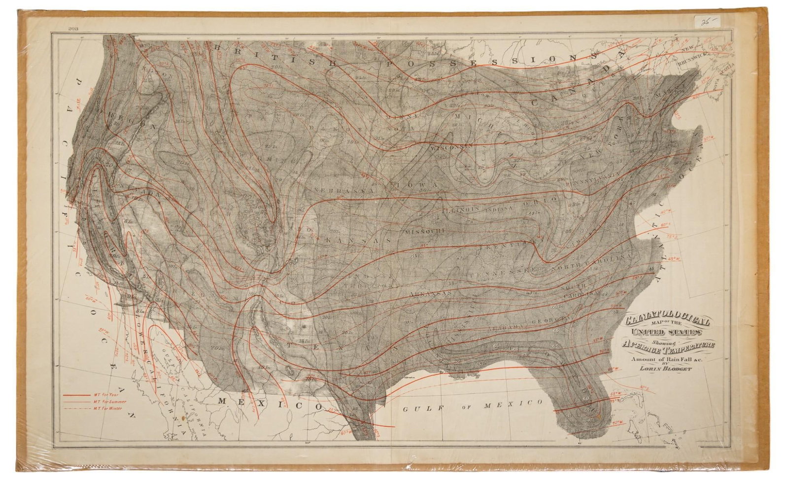 Map of United States Climate: Climatological map of the United States by Lorin Blodget showing average temperature and amount of rainfall, with date of record not included on map, resting against cardboard backing, sealed in plast