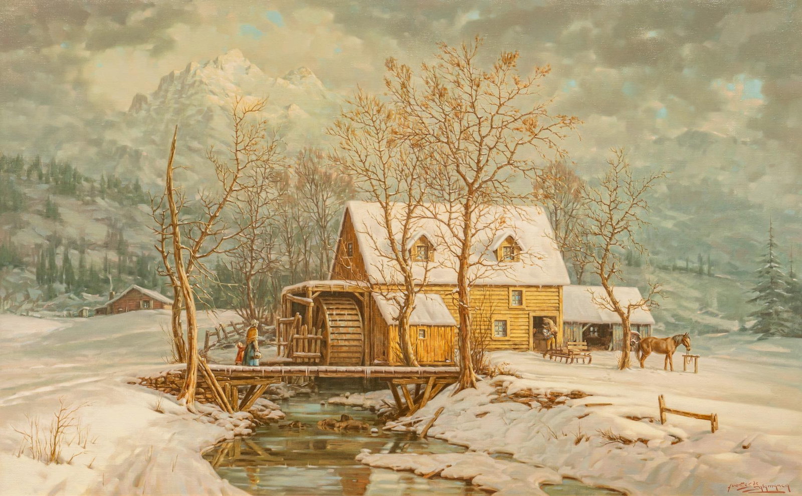 Jose Fuentes de Salamanca, "Ol' Mill in Winter": Jose Fuentes de Salamanca (Spain, b. 1934), "Ol' Mill in Winter", oil on canvas sight: 30 x 50 in., frame: 41 x 60 in. Provenance: Property from an Oklahoma City, Oklahoma estate Shipping 