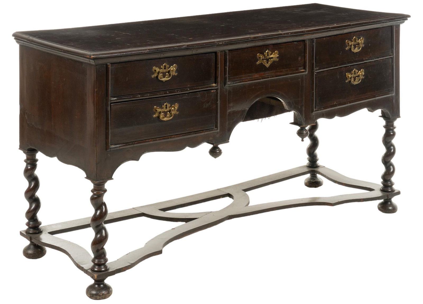English Sideboard: English wooden sideboard featuring five drawers with gold-toned metal escutcheons, with top left and right drawer having divided compartments, supported on barley twist legs, with stylized stretcher, 