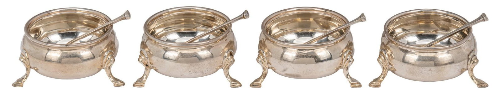 Set of (4) Tiffany & Co. Salt Servers with Spoons: Set of four Tiffany & Co. server with spoons, marked "Tiffany & Co. England" height 1.25 in. x width 1.75 in. x depth 1.75 in Total weight: 7.51 ozt Shipping available for this lot thr