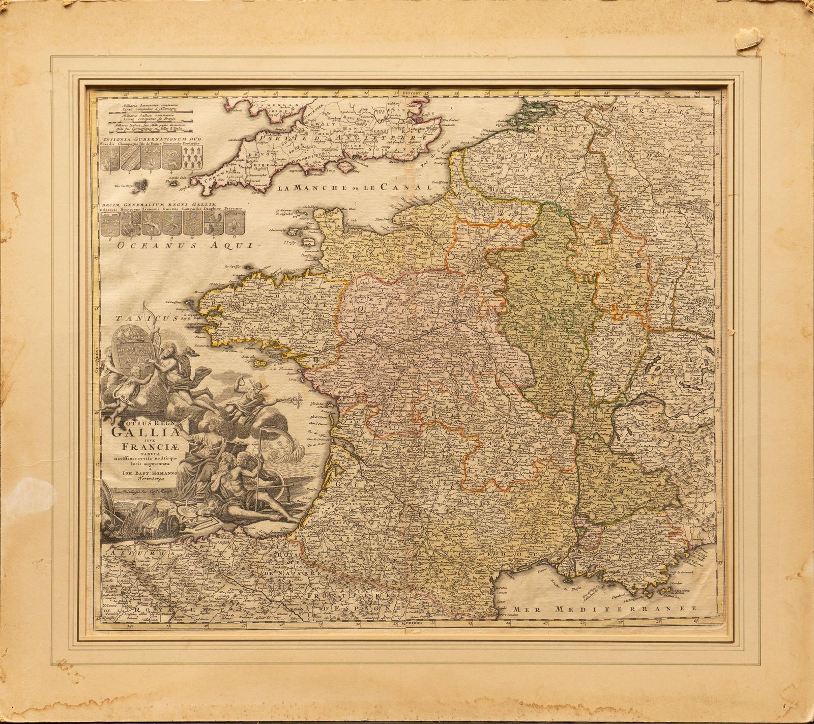 Historical Map of France: Historical map of France with Latin text, and classical scene featuring deities, historical period / year not included on map, matted height 25 in. x width 29 in. Provenance: The collection of Mickey 