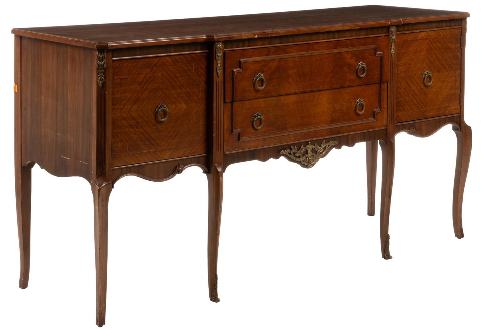 Rockford Furniture Co. (USA) Buffet: Rockford Furniture Company (Illinois, USA) buffet featuring middle stack of two paneled drawers with metal ring pulls, flanked by cabinet doors that open to interior storage, with serpentine apron, an