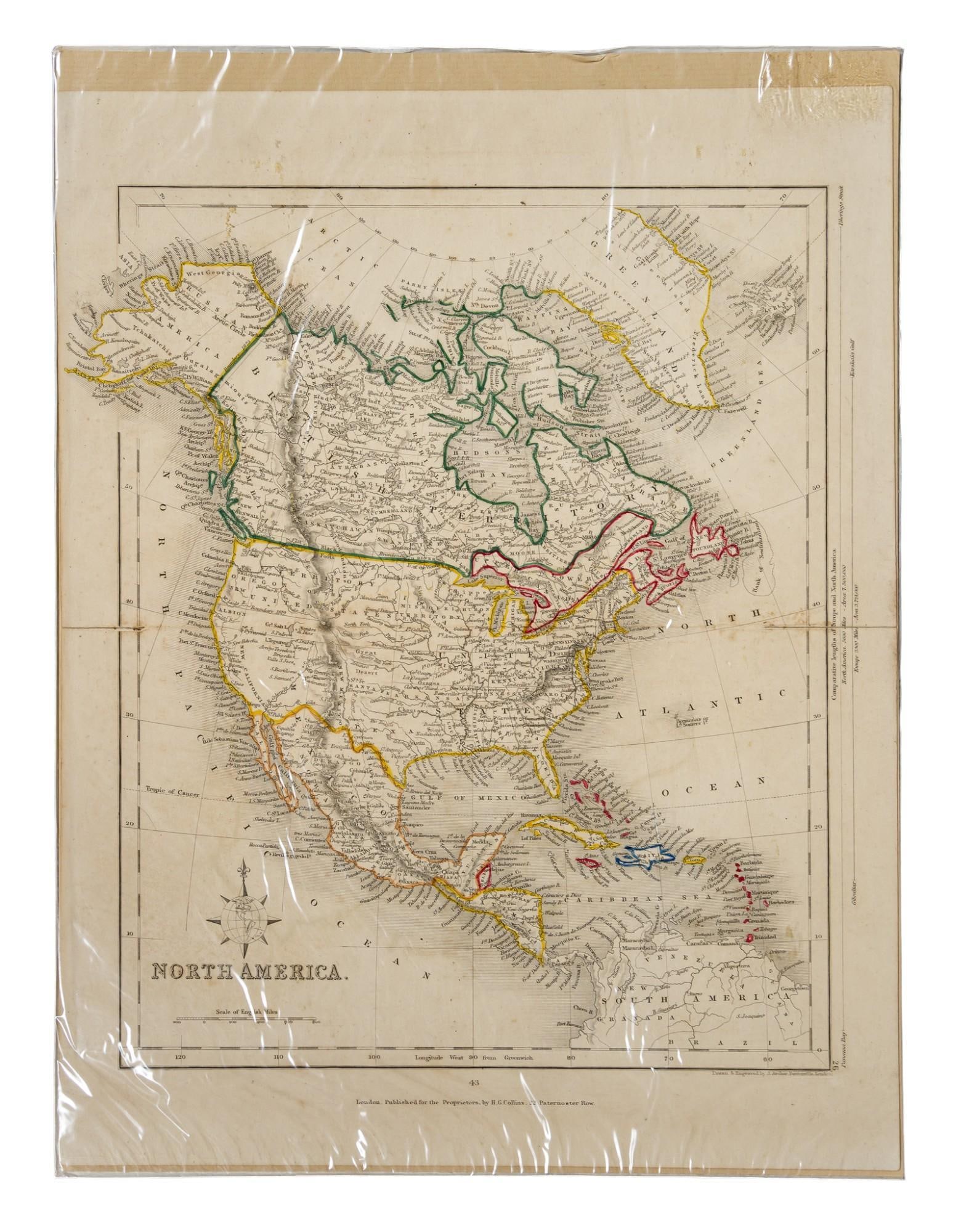 Map of North America: Map of North America, sealed in plastic, original print drawn and engraved by Joshua Archer (London, 1792-1863) sight: 14 in. x 11 in. Provenance: The collection of Mickey & Barbara Hunter, San An