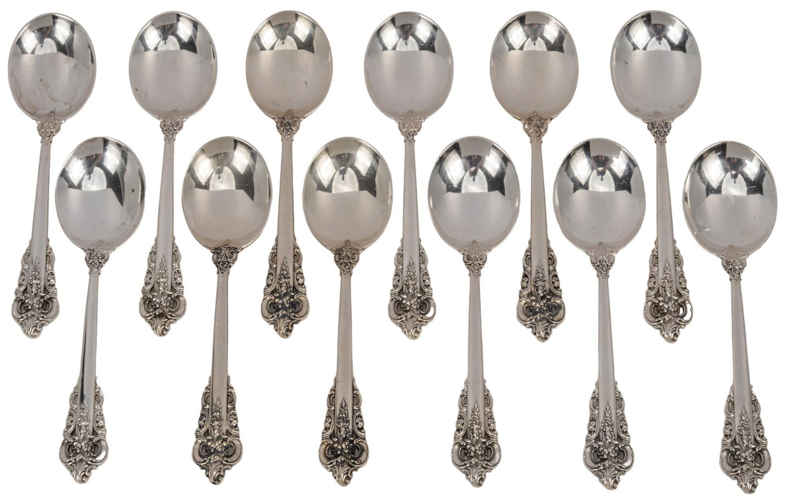 Set of (12) "Grand Baroque" By Wallace Silversmiths Soup Spoons: Set of twelve "Grand Baroque" by Wallace silversmiths soup spoons, marked "Wallace sterling" Total weight: 17.46 ozt Shipping available for this lot through our partner 4CL; please r