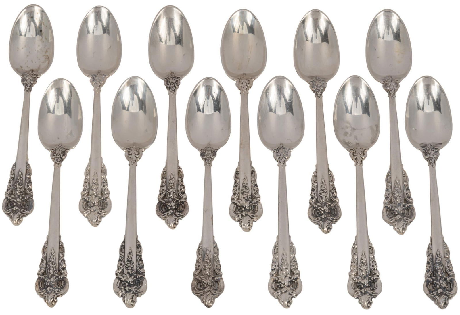 Set of (12) "Grand Baroque" By Wallace Silversmiths Demitasse Spoons: Set of twelve "Grand Baroque" by Wallace Silversmiths demitasse spoons, marked "Wallace Sterling" Total weight: 5.17 ozt Shipping available for this lot through our partner 4CL; plea