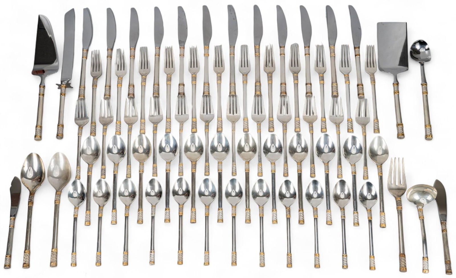 "Golden Aegean Weave" by Wallace Silversmiths Sterling Silver: "Golden Aegean Weave" by Wallace Silversmiths sterling silver flatware set of 70 pc, service for 12, no monogram or removal Includes: 12 dinner knives 9 in. 12 dinner forks 7 in. 12 salad fork