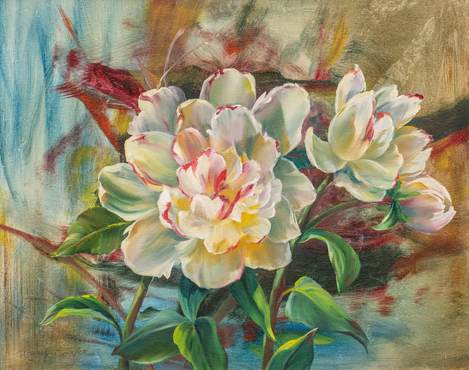 Flower Oil Painting: Decorative floral oil painting, oil on canvas, signature illegible sight: 20 x 16 in., frame: 33 x 29 in. Provenance: Property from the estate of a San Antonio, Texas gentleman Shipping available for 