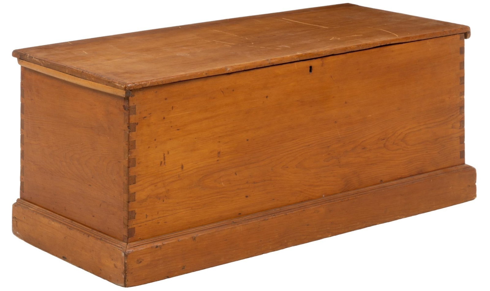 Wooden Chest: Wooden trunk with hinged lid that opens to interior storage, and dovetail joinery height 20 in. x width 50 in. x depth 21 in. Provenance: Property from the home of a San Antonio, Texas lady Shipping a